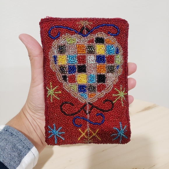 Beaded Heart Pattern Clutch Purse Bag Pouch Red Multicolor Beaded Boho Goth - Picture 2 of 11